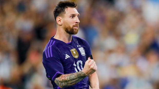 Messi celebrates Argentina’s goal vs. Honduras during an international friendly in Miami.
